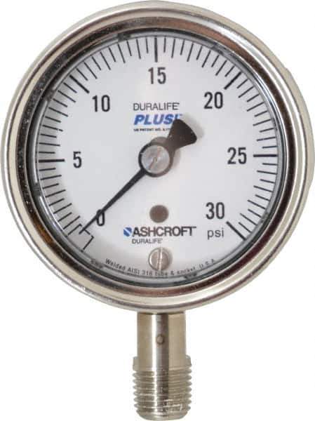 Ashcroft - 2-1/2" Dial, 1/4 Thread, 0-30 Scale Range, Pressure Gauge - Lower Connection Mount, Accurate to 1% of Scale - Exact Tool & Supply