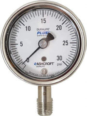 Ashcroft - 2-1/2" Dial, 1/4 Thread, 0-30 Scale Range, Pressure Gauge - Lower Connection Mount, Accurate to 1% of Scale - Exact Tool & Supply