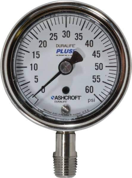Ashcroft - 2-1/2" Dial, 1/4 Thread, 0-60 Scale Range, Pressure Gauge - Lower Connection Mount, Accurate to 1% of Scale - Exact Tool & Supply