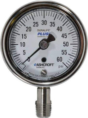 Ashcroft - 2-1/2" Dial, 1/4 Thread, 0-60 Scale Range, Pressure Gauge - Lower Connection Mount, Accurate to 1% of Scale - Exact Tool & Supply