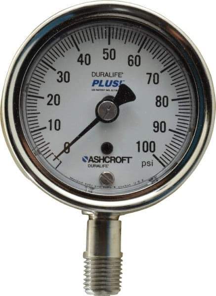 Ashcroft - 2-1/2" Dial, 1/4 Thread, 0-100 Scale Range, Pressure Gauge - Lower Connection Mount, Accurate to 1% of Scale - Exact Tool & Supply
