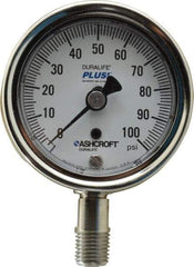 Ashcroft - 2-1/2" Dial, 1/4 Thread, 0-100 Scale Range, Pressure Gauge - Lower Connection Mount, Accurate to 1% of Scale - Exact Tool & Supply