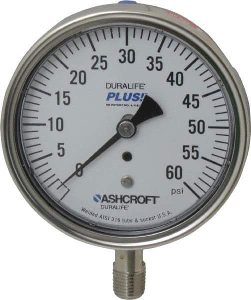 Ashcroft - 3-1/2" Dial, 1/4 Thread, 0-60 Scale Range, Pressure Gauge - Lower Connection Mount, Accurate to 1% of Scale - Exact Tool & Supply