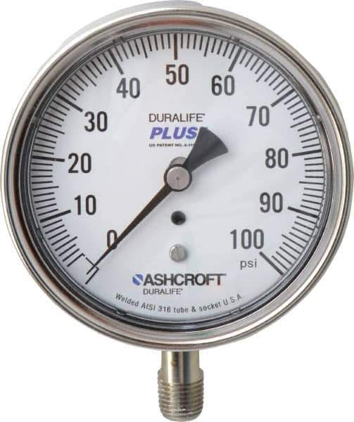 Ashcroft - 3-1/2" Dial, 1/4 Thread, 0-100 Scale Range, Pressure Gauge - Lower Connection Mount, Accurate to 1% of Scale - Exact Tool & Supply