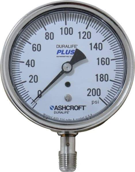 Ashcroft - 3-1/2" Dial, 1/4 Thread, 0-200 Scale Range, Pressure Gauge - Lower Connection Mount, Accurate to 1% of Scale - Exact Tool & Supply