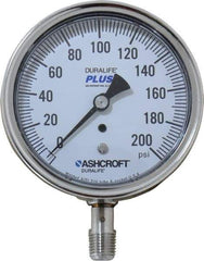Ashcroft - 3-1/2" Dial, 1/4 Thread, 0-200 Scale Range, Pressure Gauge - Lower Connection Mount, Accurate to 1% of Scale - Exact Tool & Supply