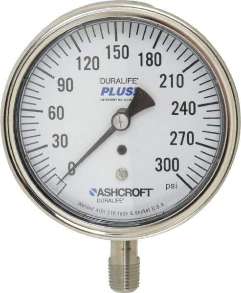 Ashcroft - 3-1/2" Dial, 1/4 Thread, 0-300 Scale Range, Pressure Gauge - Lower Connection Mount, Accurate to 1% of Scale - Exact Tool & Supply
