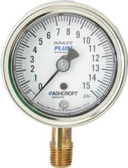 Ashcroft - 2-1/2" Dial, 1/4 Thread, 0-15 Scale Range, Pressure Gauge - Lower Connection Mount, Accurate to 1% of Scale - Exact Tool & Supply
