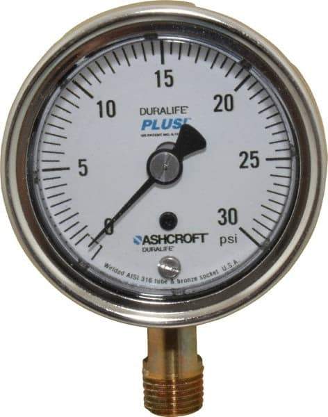 Ashcroft - 2-1/2" Dial, 1/4 Thread, 0-30 Scale Range, Pressure Gauge - Lower Connection Mount, Accurate to 1% of Scale - Exact Tool & Supply