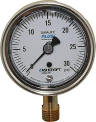 Ashcroft - 2-1/2" Dial, 1/4 Thread, 0-30 Scale Range, Pressure Gauge - Lower Connection Mount, Accurate to 1% of Scale - Exact Tool & Supply