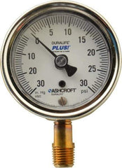 Ashcroft - 2-1/2" Dial, 1/4 Thread, 30-0-30 Scale Range, Pressure Gauge - Lower Connection Mount, Accurate to 1% of Scale - Exact Tool & Supply