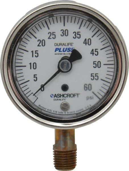 Ashcroft - 2-1/2" Dial, 1/4 Thread, 0-60 Scale Range, Pressure Gauge - Lower Connection Mount, Accurate to 1% of Scale - Exact Tool & Supply