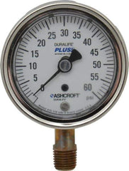 Ashcroft - 2-1/2" Dial, 1/4 Thread, 0-60 Scale Range, Pressure Gauge - Lower Connection Mount, Accurate to 1% of Scale - Exact Tool & Supply