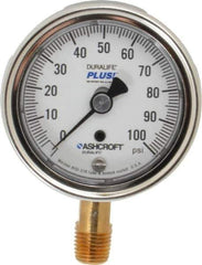 Ashcroft - 2-1/2" Dial, 1/4 Thread, 0-100 Scale Range, Pressure Gauge - Lower Connection Mount, Accurate to 1% of Scale - Exact Tool & Supply