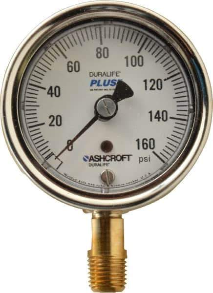 Ashcroft - 2-1/2" Dial, 1/4 Thread, 0-160 Scale Range, Pressure Gauge - Lower Connection Mount, Accurate to 1% of Scale - Exact Tool & Supply