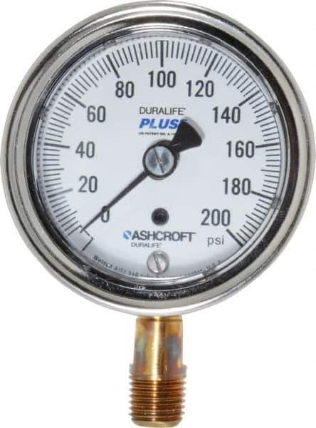 Ashcroft - 2-1/2" Dial, 1/4 Thread, 0-200 Scale Range, Pressure Gauge - Lower Connection Mount, Accurate to 1% of Scale - Exact Tool & Supply