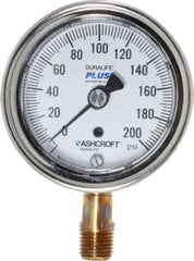 Ashcroft - 2-1/2" Dial, 1/4 Thread, 0-200 Scale Range, Pressure Gauge - Lower Connection Mount, Accurate to 1% of Scale - Exact Tool & Supply