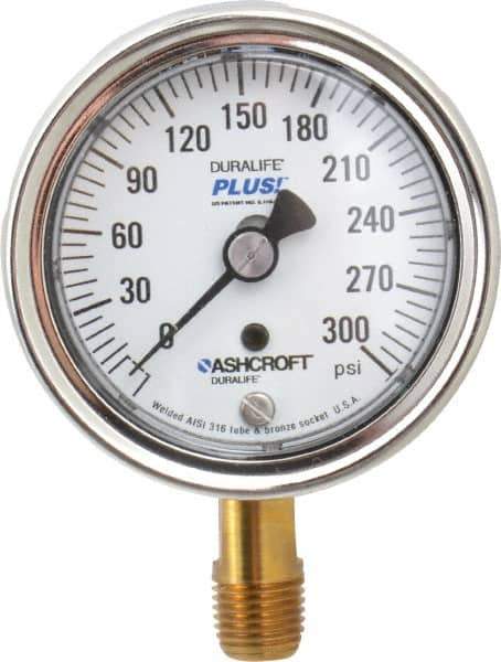 Ashcroft - 2-1/2" Dial, 1/4 Thread, 0-300 Scale Range, Pressure Gauge - Lower Connection Mount, Accurate to 1% of Scale - Exact Tool & Supply