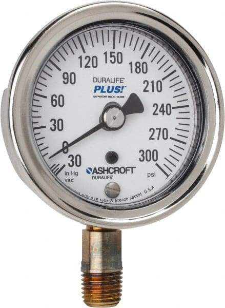Ashcroft - 2-1/2" Dial, 1/4 Thread, 30-0-300 Scale Range, Pressure Gauge - Lower Connection Mount, Accurate to 1% of Scale - Exact Tool & Supply
