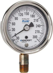 Ashcroft - 2-1/2" Dial, 1/4 Thread, 30-0-300 Scale Range, Pressure Gauge - Lower Connection Mount, Accurate to 1% of Scale - Exact Tool & Supply