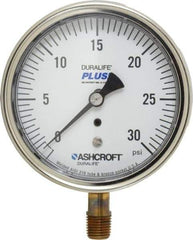 Ashcroft - 3-1/2" Dial, 1/4 Thread, 0-30 Scale Range, Pressure Gauge - Lower Connection Mount, Accurate to 1% of Scale - Exact Tool & Supply