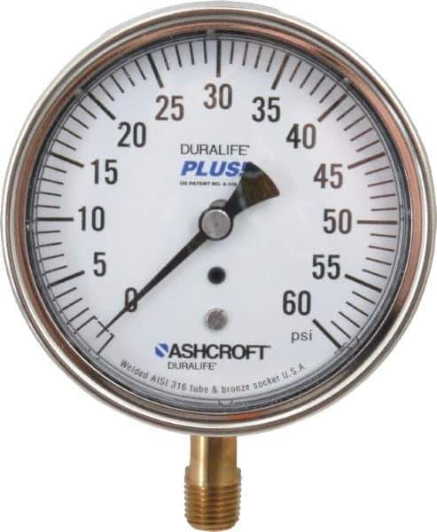 Ashcroft - 3-1/2" Dial, 1/4 Thread, 0-60 Scale Range, Pressure Gauge - Lower Connection Mount, Accurate to 1% of Scale - Exact Tool & Supply