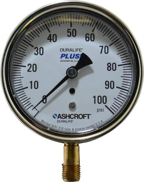 Ashcroft - 3-1/2" Dial, 1/4 Thread, 0-100 Scale Range, Pressure Gauge - Lower Connection Mount, Accurate to 1% of Scale - Exact Tool & Supply
