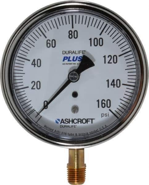 Ashcroft - 3-1/2" Dial, 1/4 Thread, 0-160 Scale Range, Pressure Gauge - Lower Connection Mount, Accurate to 1% of Scale - Exact Tool & Supply