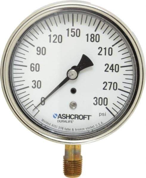 Ashcroft - 3-1/2" Dial, 1/4 Thread, 0-300 Scale Range, Pressure Gauge - Lower Connection Mount, Accurate to 1% of Scale - Exact Tool & Supply