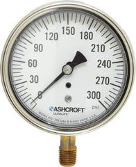 Ashcroft - 3-1/2" Dial, 1/4 Thread, 0-300 Scale Range, Pressure Gauge - Lower Connection Mount, Accurate to 1% of Scale - Exact Tool & Supply