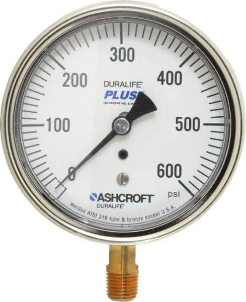 Ashcroft - 3-1/2" Dial, 1/4 Thread, 0-600 Scale Range, Pressure Gauge - Lower Connection Mount, Accurate to 1% of Scale - Exact Tool & Supply
