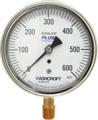 Ashcroft - 3-1/2" Dial, 1/4 Thread, 0-600 Scale Range, Pressure Gauge - Lower Connection Mount, Accurate to 1% of Scale - Exact Tool & Supply