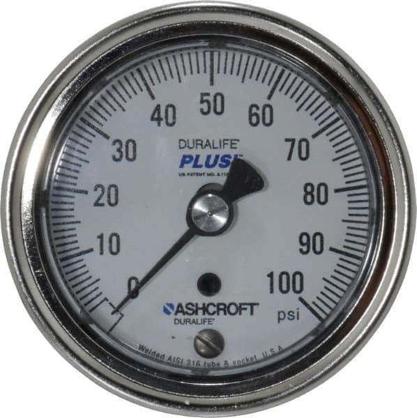 Ashcroft - 2-1/2" Dial, 1/4 Thread, 0-100 Scale Range, Pressure Gauge - Center Back Connection Mount, Accurate to 1% of Scale - Exact Tool & Supply