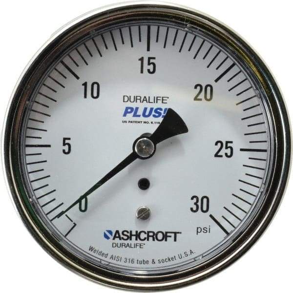Ashcroft - 3-1/2" Dial, 1/4 Thread, 0-30 Scale Range, Pressure Gauge - Center Back Connection Mount, Accurate to 1% of Scale - Exact Tool & Supply