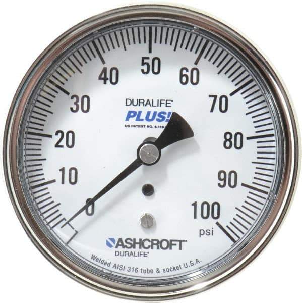 Ashcroft - 3-1/2" Dial, 1/4 Thread, 0-100 Scale Range, Pressure Gauge - Center Back Connection Mount, Accurate to 1% of Scale - Exact Tool & Supply