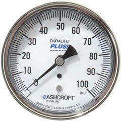 Ashcroft - 3-1/2" Dial, 1/4 Thread, 0-100 Scale Range, Pressure Gauge - Center Back Connection Mount, Accurate to 1% of Scale - Exact Tool & Supply