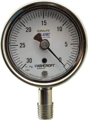 Ashcroft - 2-1/2" Dial, 1/4 Thread, 30-0 Scale Range, Pressure Gauge - Lower Connection Mount, Accurate to 1% of Scale - Exact Tool & Supply