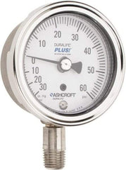 Ashcroft - 2-1/2" Dial, 1/4 Thread, 30-0-60 Scale Range, Pressure Gauge - Lower Connection Mount, Accurate to 1% of Scale - Exact Tool & Supply