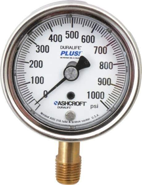 Ashcroft - 2-1/2" Dial, 1/4 Thread, 0-1,000 Scale Range, Pressure Gauge - Lower Connection Mount, Accurate to 1% of Scale - Exact Tool & Supply