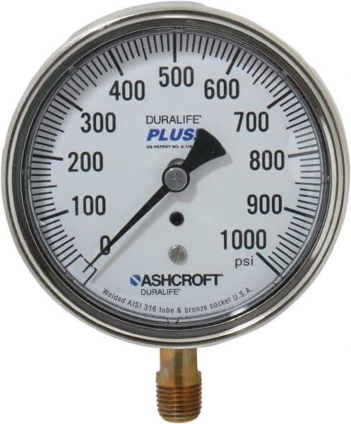 Ashcroft - 3-1/2" Dial, 1/4 Thread, 0-1,000 Scale Range, Pressure Gauge - Lower Connection Mount, Accurate to 1% of Scale - Exact Tool & Supply