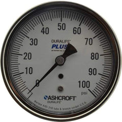 Ashcroft - 3-1/2" Dial, 1/4 Thread, 0-100 Scale Range, Pressure Gauge - Center Back Connection Mount, Accurate to 1% of Scale - Exact Tool & Supply