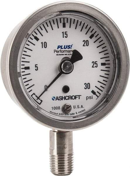 Ashcroft - 2-1/2" Dial, 1/4 Thread, 0-30 Scale Range, Pressure Gauge - Lower Connection Mount, Accurate to 3-2-3% of Scale - Exact Tool & Supply