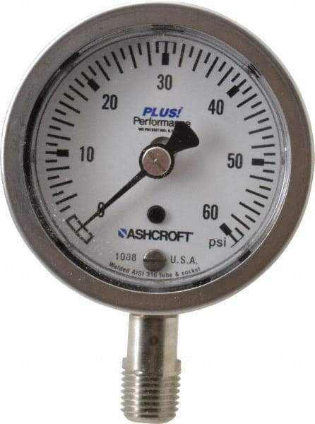 Ashcroft - 2-1/2" Dial, 1/4 Thread, 0-60 Scale Range, Pressure Gauge - Lower Connection Mount, Accurate to 3-2-3% of Scale - Exact Tool & Supply