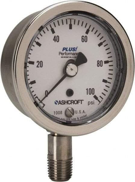 Ashcroft - 2-1/2" Dial, 1/4 Thread, 0-100 Scale Range, Pressure Gauge - Lower Connection Mount, Accurate to 3-2-3% of Scale - Exact Tool & Supply