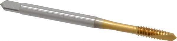 OSG - #6-32 UNC, 2 Flute, TiN Finish, Vanadium High Speed Steel Spiral Point Tap - Plug Chamfer, Right Hand Thread, 2" OAL, 11/16" Thread Length, 0.141" Shank Diam, 2B Class of Fit - Exact Tool & Supply