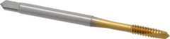 OSG - #6-32 UNC, 2 Flute, TiN Finish, Vanadium High Speed Steel Spiral Point Tap - Plug Chamfer, Right Hand Thread, 2" OAL, 11/16" Thread Length, 0.141" Shank Diam, 2B Class of Fit - Exact Tool & Supply