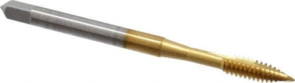 OSG - #6-32 UNC, 2 Flute, TiN Finish, High Speed Steel Spiral Point Tap - Plug Chamfer, Right Hand Thread, 2" OAL, 3/4" Thread Length, 0.168" Shank Diam, Series 105 - Exact Tool & Supply