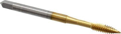 OSG - #6-32 UNC, 2 Flute, TiN Finish, High Speed Steel Spiral Point Tap - Plug Chamfer, Right Hand Thread, 2" OAL, 3/4" Thread Length, 0.168" Shank Diam, Series 105 - Exact Tool & Supply