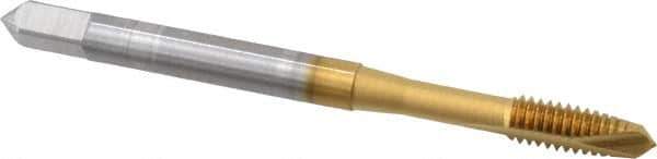 OSG - #8-32 UNC, 2 Flute, TiN Finish, High Speed Steel Spiral Point Tap - Plug Chamfer, Right Hand Thread, 2-1/8" OAL, 3/4" Thread Length, 0.168" Shank Diam, Series 105 - Exact Tool & Supply