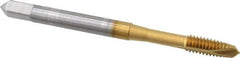 OSG - #8-32 UNC, 2 Flute, TiN Finish, High Speed Steel Spiral Point Tap - Plug Chamfer, Right Hand Thread, 2-1/8" OAL, 3/4" Thread Length, 0.168" Shank Diam, Series 105 - Exact Tool & Supply